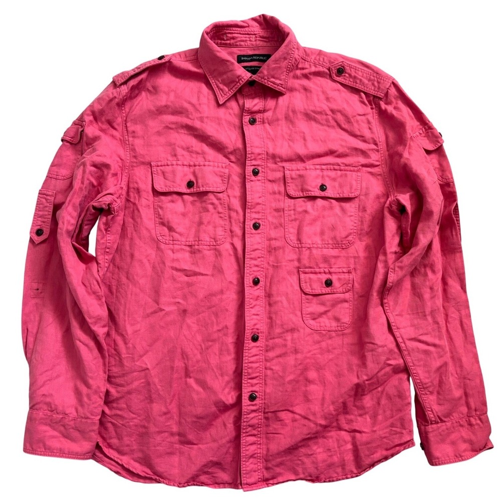 90s Banana Republic Linen Blend Reissue Bombay Safari Utility Shirt Men M Red